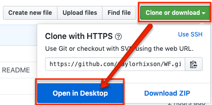 Image is a screenshot of the middle right of the repository options in GitHub showing the Create new file, Upload files, Find files, and Clone or download options with Clone or download outlined in red